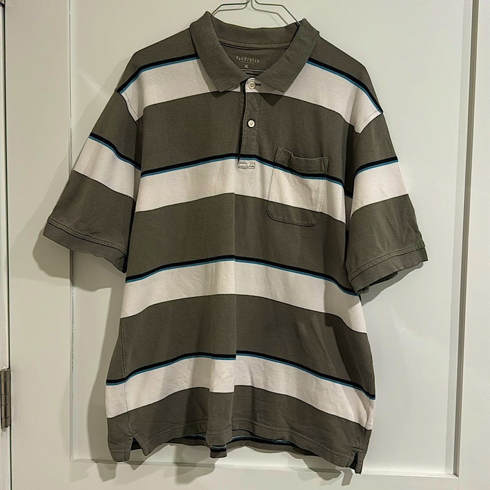 VanHeusen Men’s XL Polo Shirt - Light green with white and blue stripes